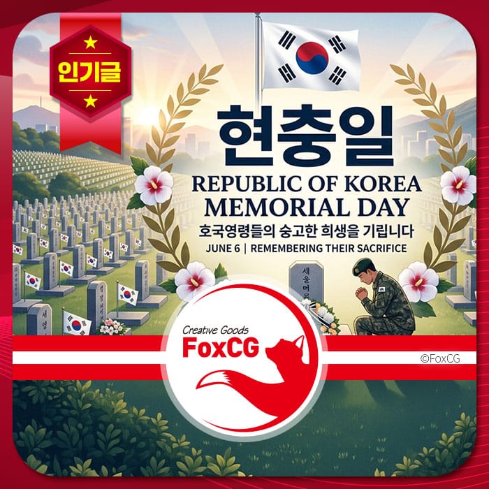 한국 전쟁 기념일 포스터, 6월 6일 한국의 영웅들을 기리며, 무덤과 국기가 있는 배경, 조화를 상징하는 꽃 장식.