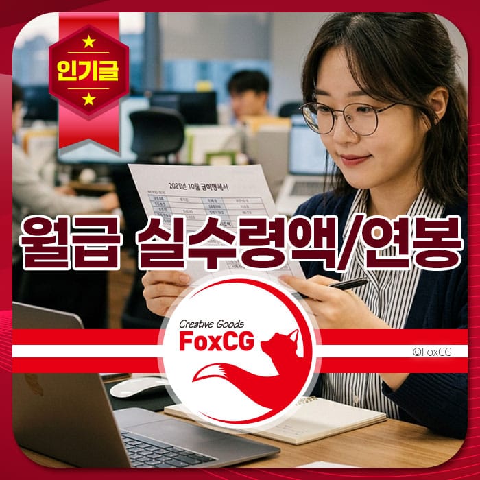 사무실에서 월급 실수령액과 연봉을 확인하는 여성 직원의 모습, 2023년 10월 급여 명세서를 들고 있는 장면.