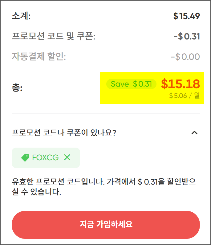 프로모션 코드와 쿠폰을 사용하여 $0.31 절약한 총액 $15.18을 표시하는 결제 화면. 월 $5.06의 가격 정보 포함.