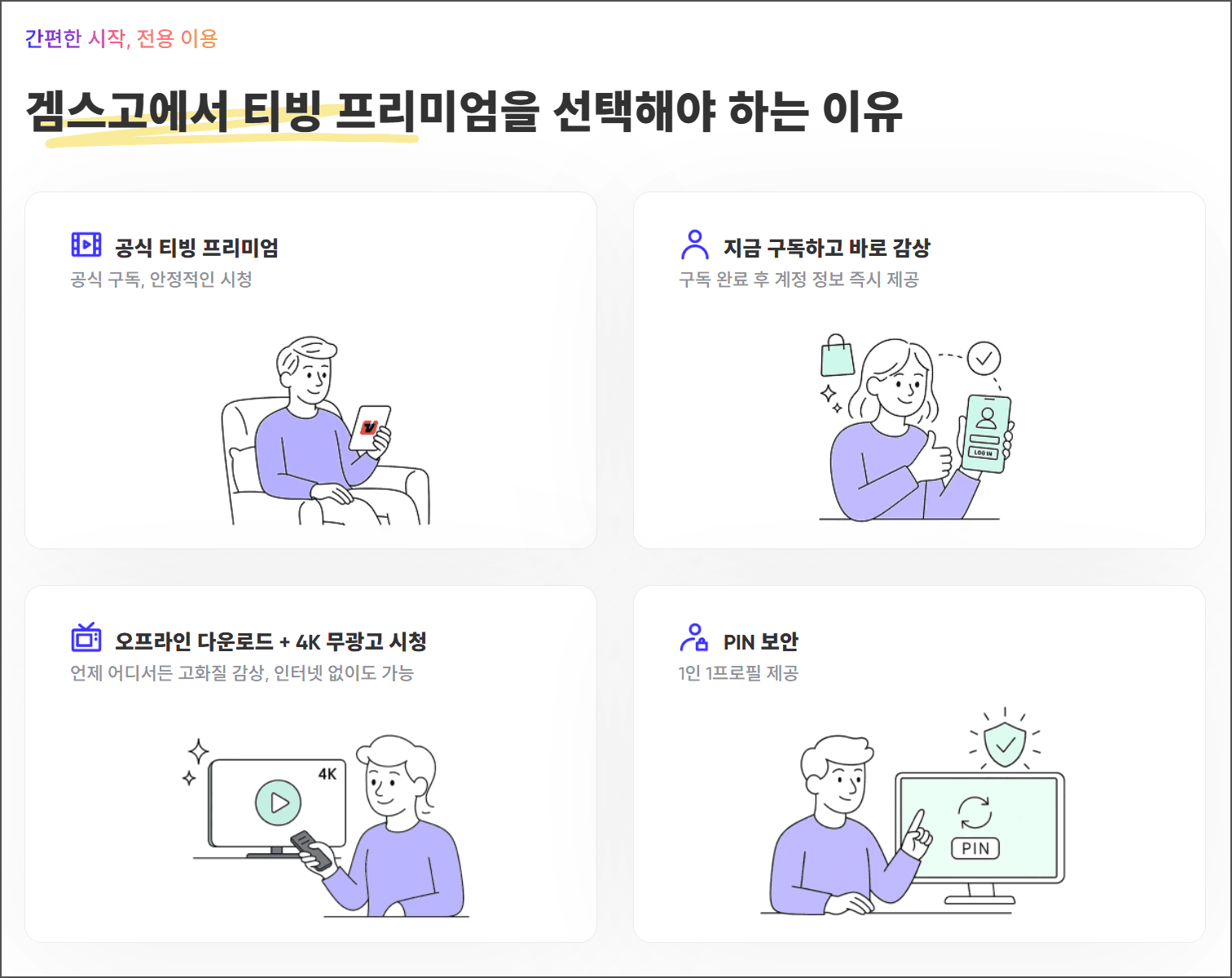 게임스코에서 티빙 프리미엄을 선택해야 하는 이유를 설명하는 이미지로, 공식 티빙 프리미엄, 즉시 구독 및 정보 제공, 오프라인 다운로드 및 4K 무관고 시청, PIN 보호 기능을 강조하고 있습니다.