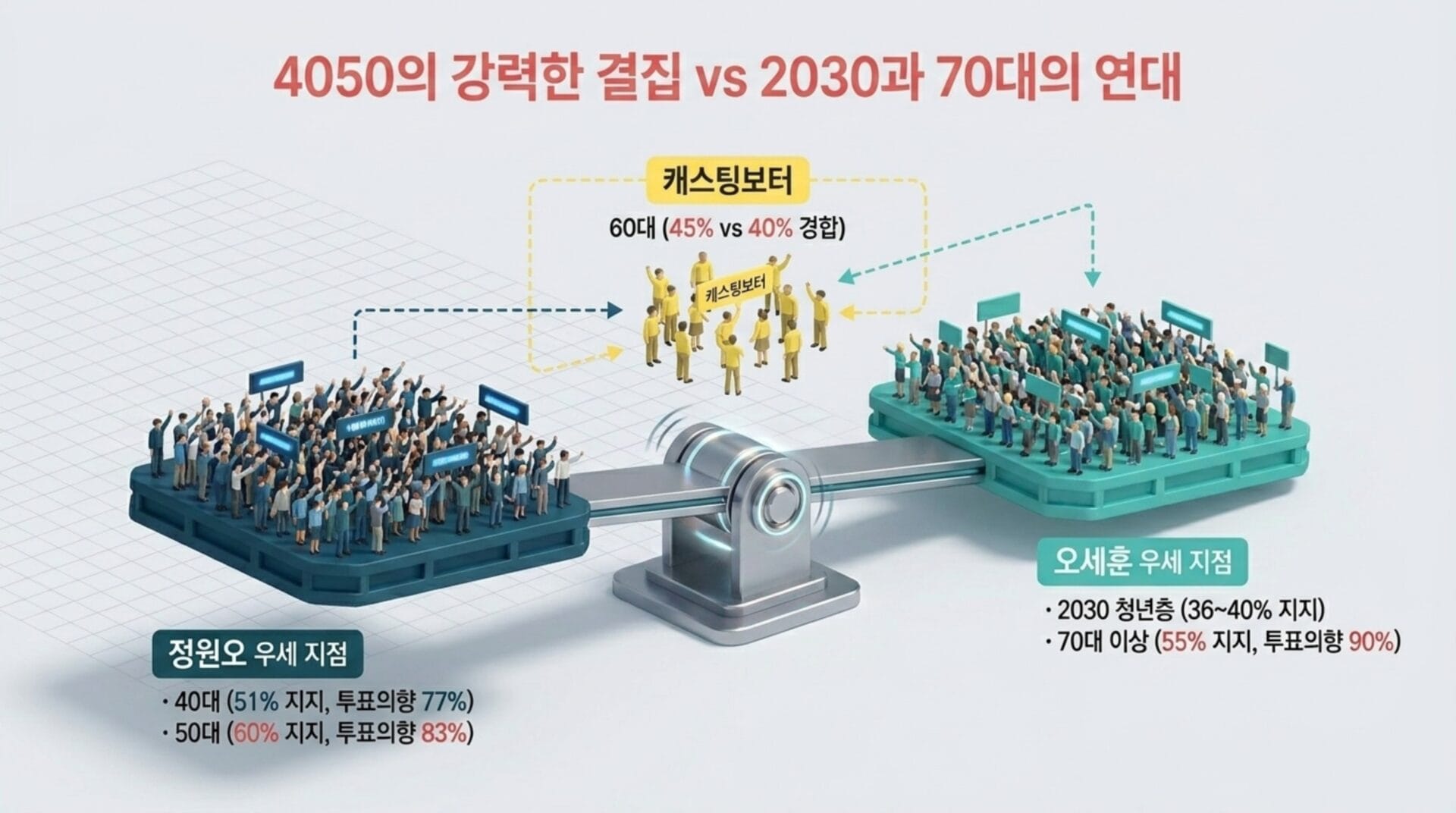 4050 세대의 강력한 결집을 보여주는 인포그래픽으로, 2030과 70대의 연대 비교를 통해 각 연령대의 지지율과 투표 의향을 시각적으로 설명하고 있다. 왼쪽에는 40대와 50대의 높은 지지율과 투표 의향이, 오른쪽에는 2030 청년층과 70대 이상의 지지율과 투표 의향이 나타