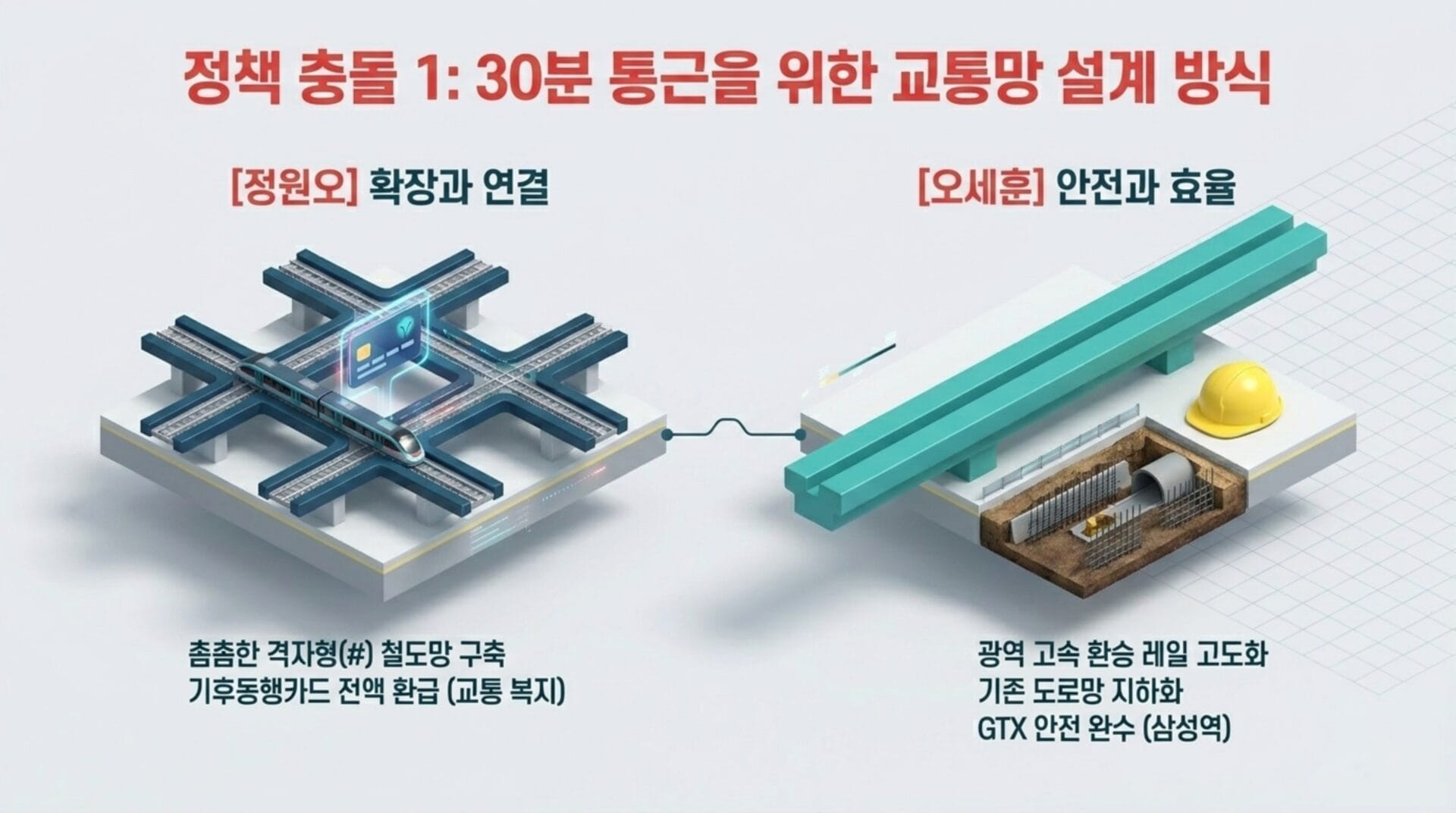 정책 충돌 1:30분 통근을 위한 교통망 설계 방식을 설명하는 인포그래픽. 왼쪽에는 철도망 구조와 기후동행카드 전액 환급 정보가 포함되어 있으며, 오른쪽에는 광역 고속 환승 레일과 GTX 안전 관련 내용이 시각화되어 있음.