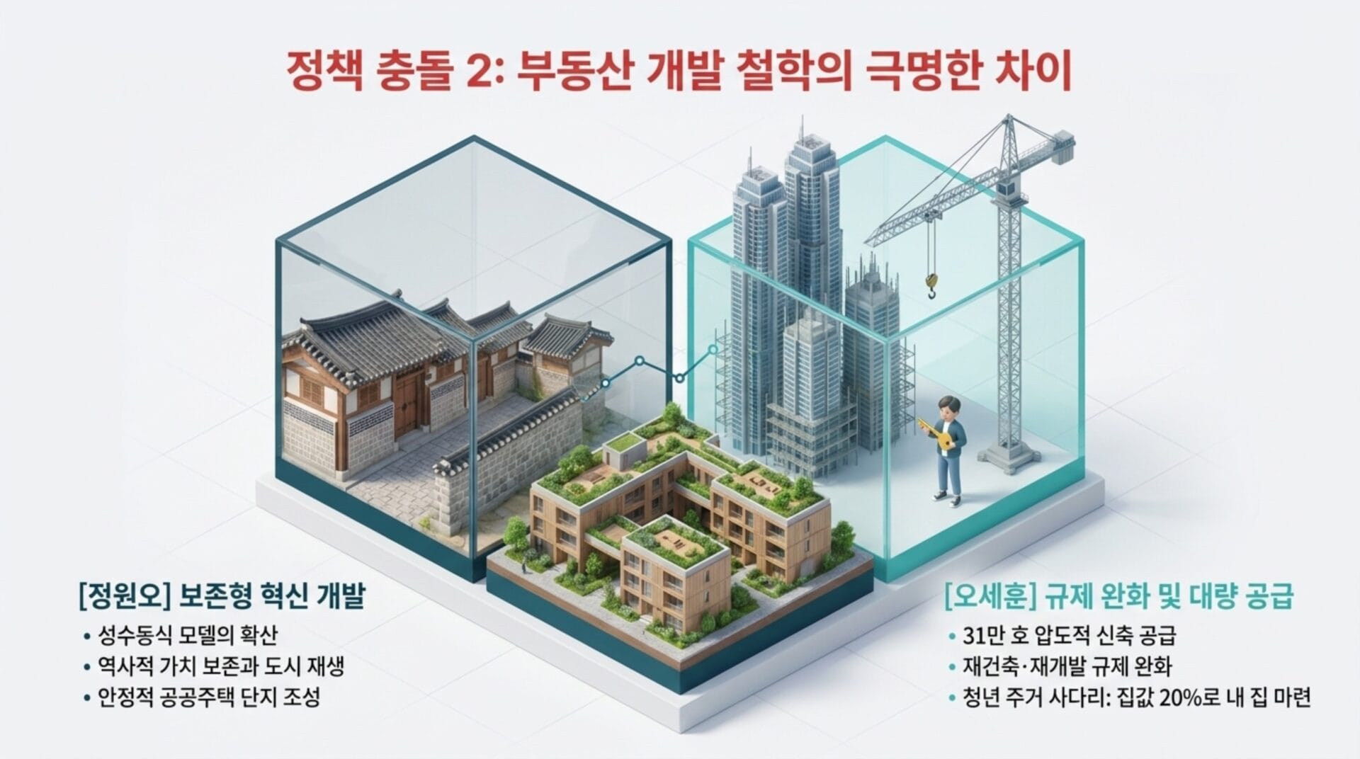 부동산 개발 정책의 차이를 보여주는 이미지로, 전통 한옥과 현대 고층 빌딩의 모형이 나란히 배치되어 있다. 왼쪽에는 보존형 혁신 개발을 위한 성수동 모델과 역사적 가치 보존 내용이 포함되어 있으며, 오른쪽에는 현대적 건축물과 관련된 규제 및 공급 계획이 설명되어 있다.