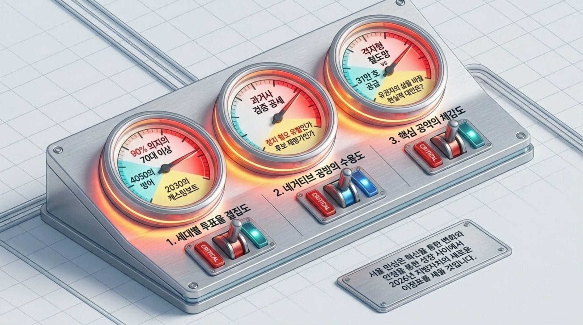 세 가지 측정 게이지가 있는 디지털 패널 이미지, 각각 '70대 이상 인지', '네거티브 공방의 수용도', '핵심 공약의 체감도'를 표현. 각 게이지는 다른 색상으로 표시되어 있으며, 하단에는 서울 민신을 통한 혁신의 중요성을 강조한 설명이 포함되어 있음.