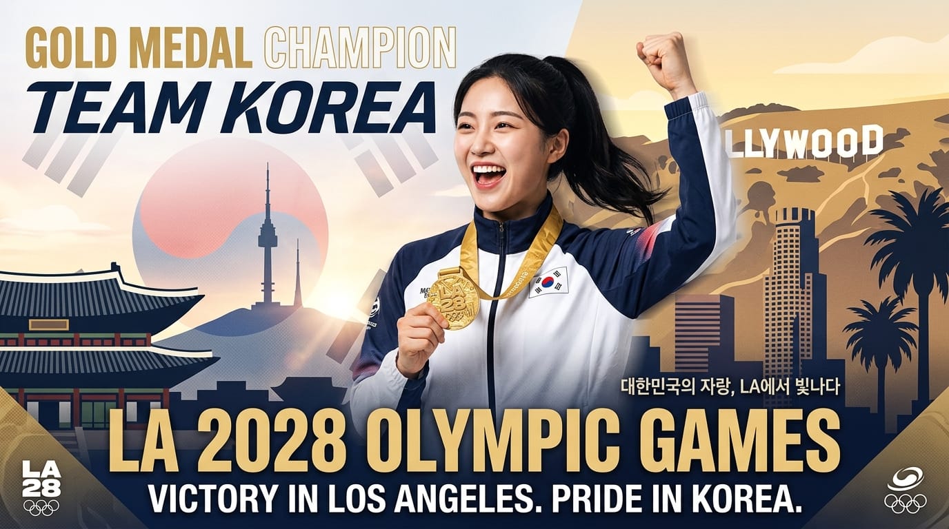 2028년 LA 올림픽에서 금메달을 획득한 한국 선수, 기쁨과 자부심을 표현하며 금메달을 들고 있는 모습. 배경에는 할리우드와 한국의 상징적인 건축물이 포함되어 있다.