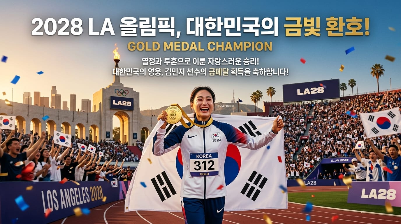 2028 LA 올림픽에서 금메달을 획득한 대한민국 선수 김민지의 기쁨을 표현한 이미지. 관중들이 응원하는 가운데, 선수는 금메달을 들고 한국 국기를 흔들며 환호하는 모습.