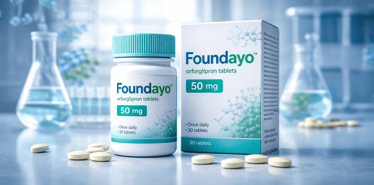 Foundayo 오르포글리프론 정제 50mg, 30정이 담긴 병과 포장이 실험실 환경에서 배경으로 놓여 있습니다. 정제는 하루 한 번 복용하며, 건강 관리에 도움을 줄 수 있는 약물입니다.