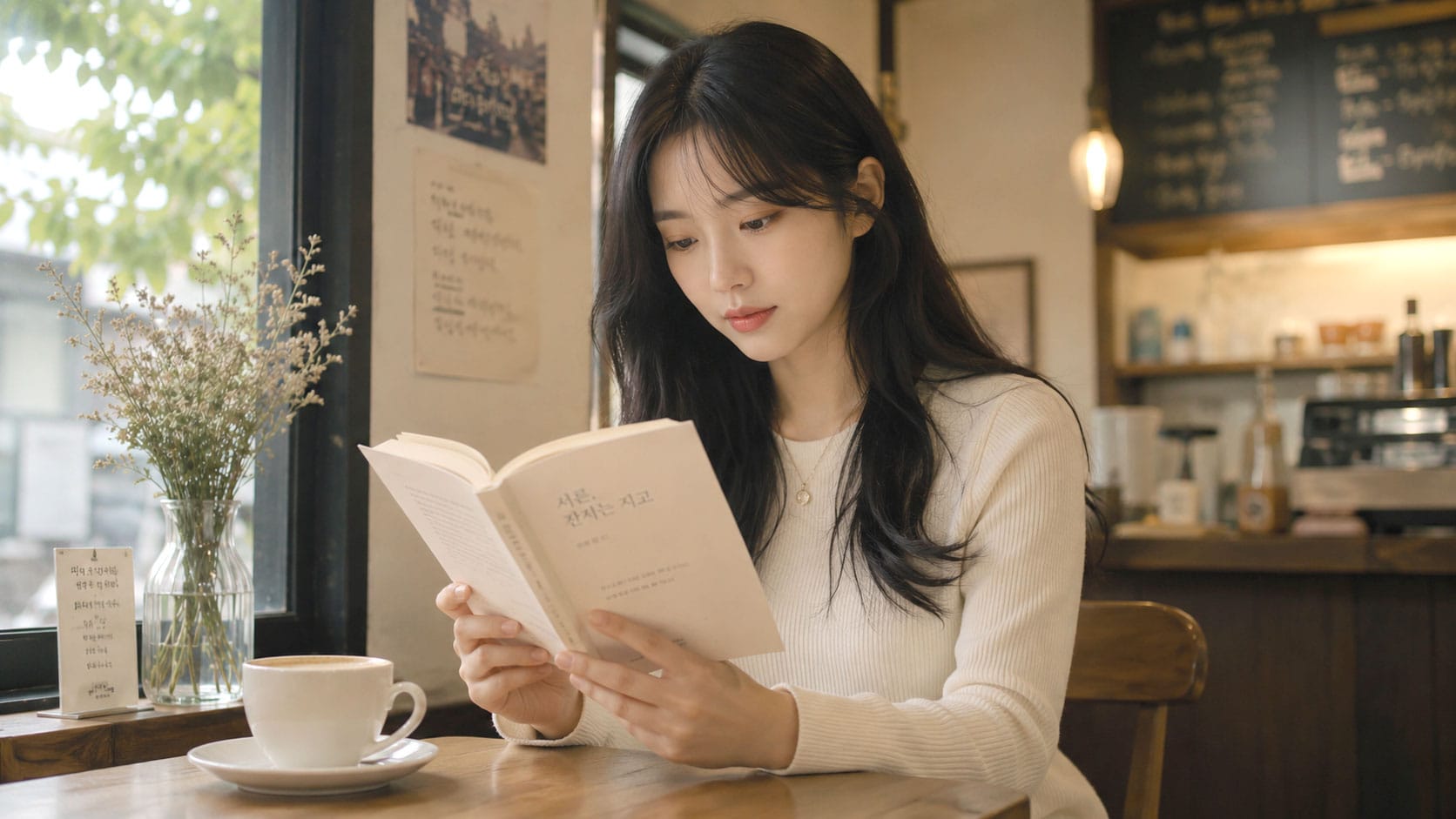 카페에서 책을 읽고 있는 여성의 모습. 테이블 위에는 커피 한 잔과 꽃병이 놓여 있으며, 창가에 앉아 집중하여 책을 읽고 있다. 아늑한 분위기의 카페 인테리어가 배경에 보인다.