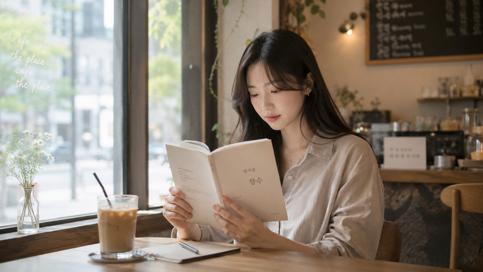 카페에서 책을 읽고 있는 여성, 자연광이 비치는 창가에 앉아 있으며, 테이블 위에는 아이스커피와 노트가 놓여 있다.