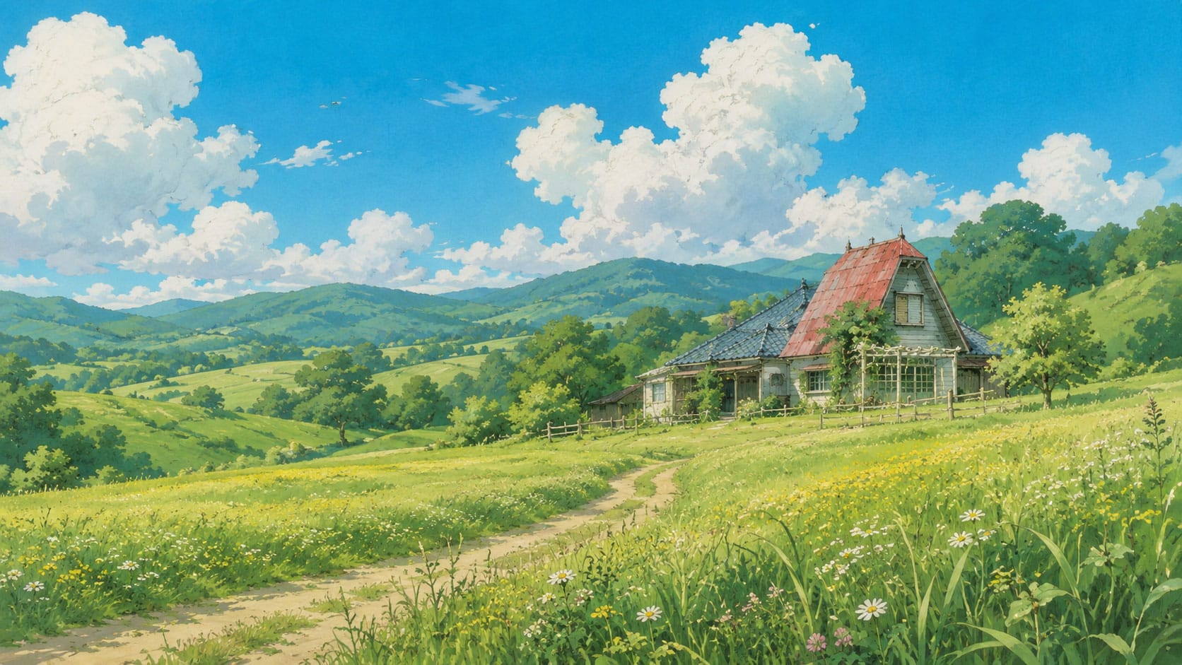 푸른 언덕과 나무들 사이에 위치한 고풍스러운 농가, 맑은 하늘과 흰 구름이 어우러진 평화로운 풍경, 꽃이 만발한 초원이 펼쳐져 있는 모습.