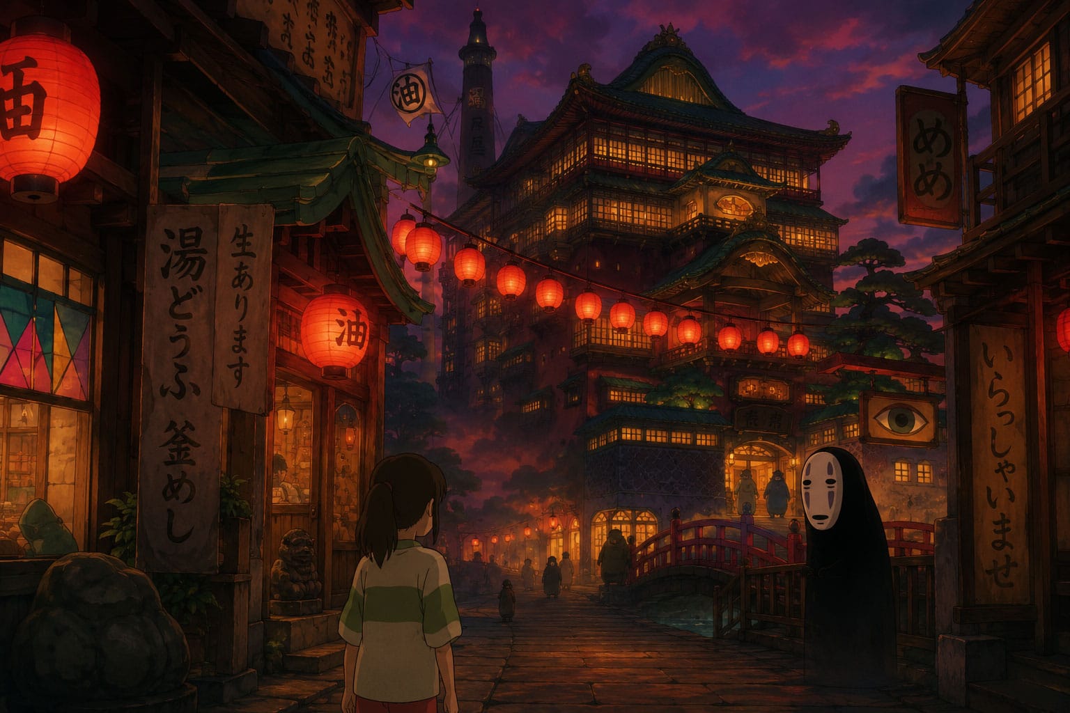 저녁 노을이 비치는 전통 일본 마을 풍경, 붉은 랜턴이 걸린 상점과 다리, 애니메이션 스타일의 소녀와 신비로운 캐릭터가 등장하여 독특한 분위기를 자아내는 장면.