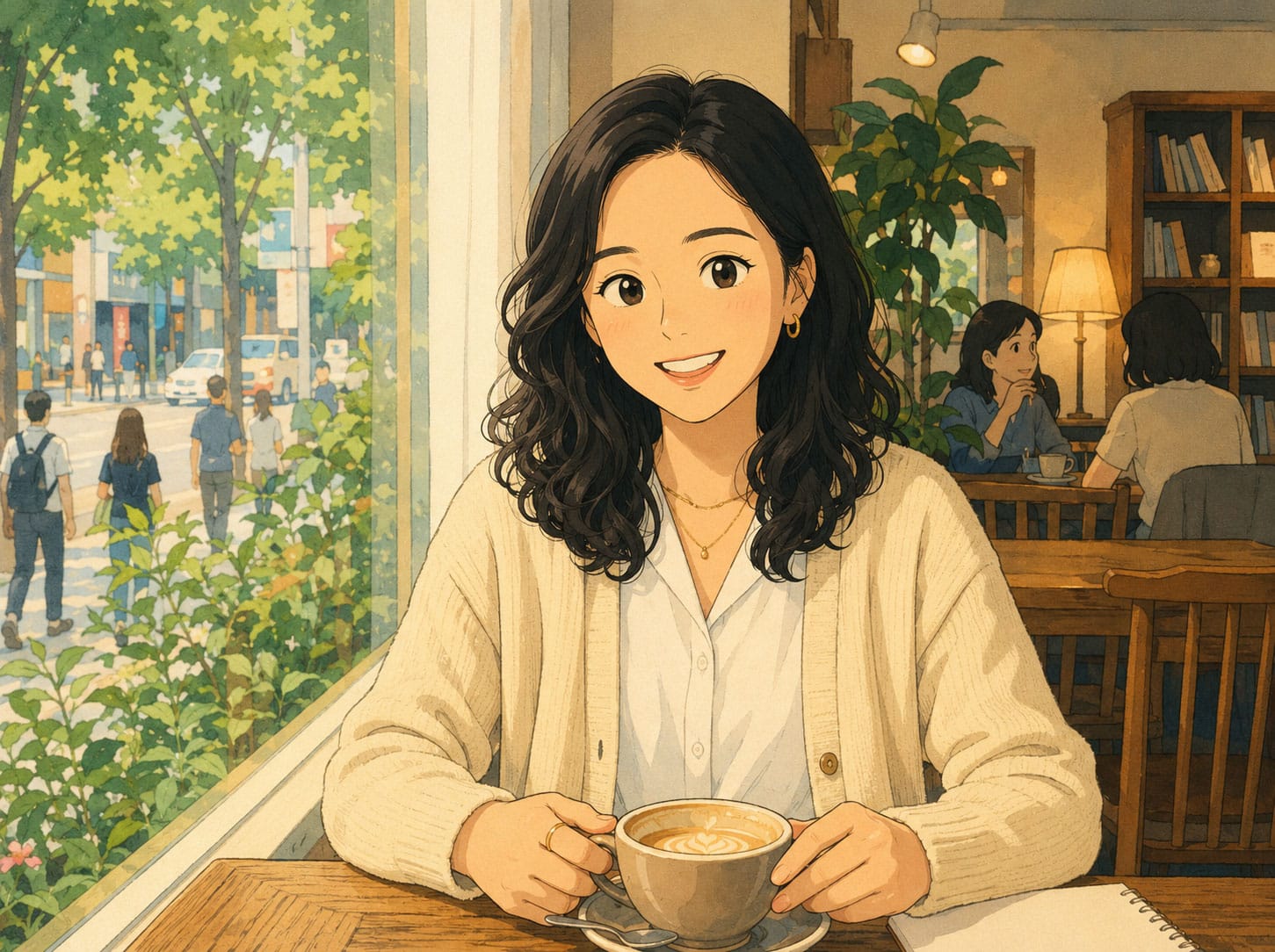 카페에서 커피를 마시며 미소 짓고 있는 여성의 일러스트. 배경에는 나무와 사람들이 보이는 거리 풍경이 담겨 있음. 편안한 분위기의 실내 장식과 자연광이 어우러진 장면.