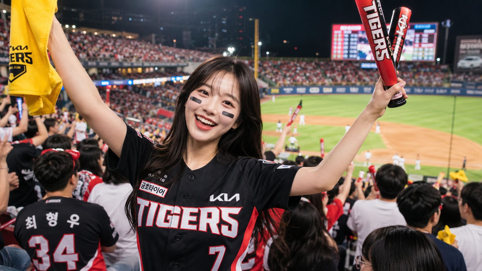 KIA 타이거즈 응원 중인 젊은 여성, 응원봉과 타올을 들고 환하게 웃고 있는 모습. 배경에는 야구 경기와 열광하는 팬들로 가득한 관중석이 보인다.