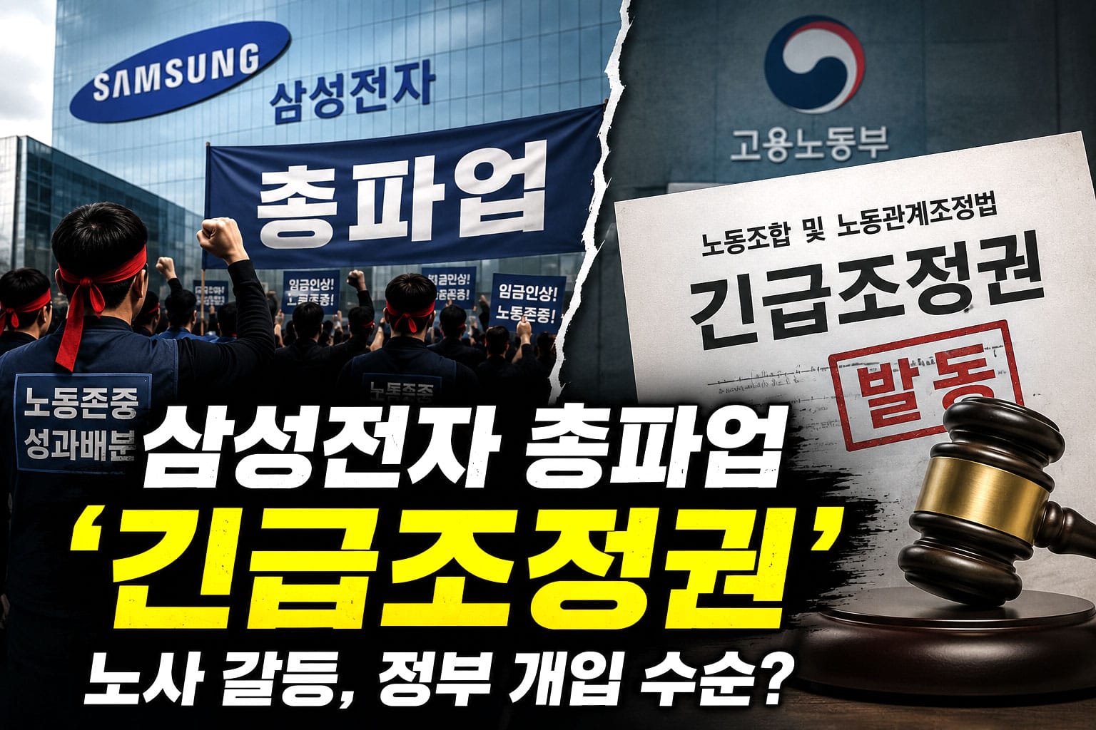 삼성전자 총파업에 참여한 노동자들이 '긴급조정권'에 대한 쟁점을 다루고 있는 모습. 배경에는 삼성전자 로고와 고용노동부 관련 문서가 보인다. 노동자들의 권리와 정부 개입에 대한 논의가 이루어지고 있는 장면.