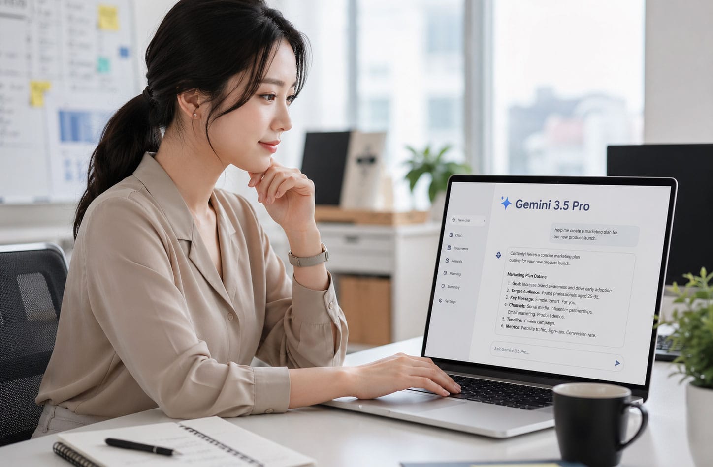 여성 직장인이 컴퓨터 앞에서 마케팅 계획을 세우고 있는 모습. 화면에는 Gemini 3.5 Pro 소프트웨어 인터페이스와 함께 제품 출시를 위한 마케팅 계획이 표시되어 있음. 배경에는 화이트보드와 식물이 있는 사무실 환경.