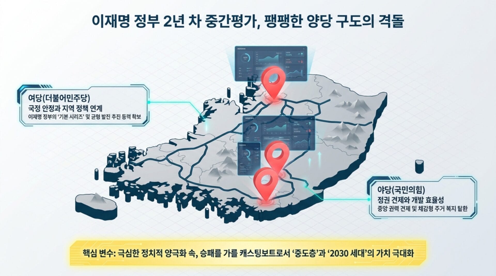 이재명 정부의 2년 차 중간 평가와 정치적 양당 구조의 격돌을 보여주는 지도 이미지. 여당과 야당의 정책 연계 및 주요 이슈를 시각적으로 나타내고 있으며, 각 당의 목표와 방향성을 강조.