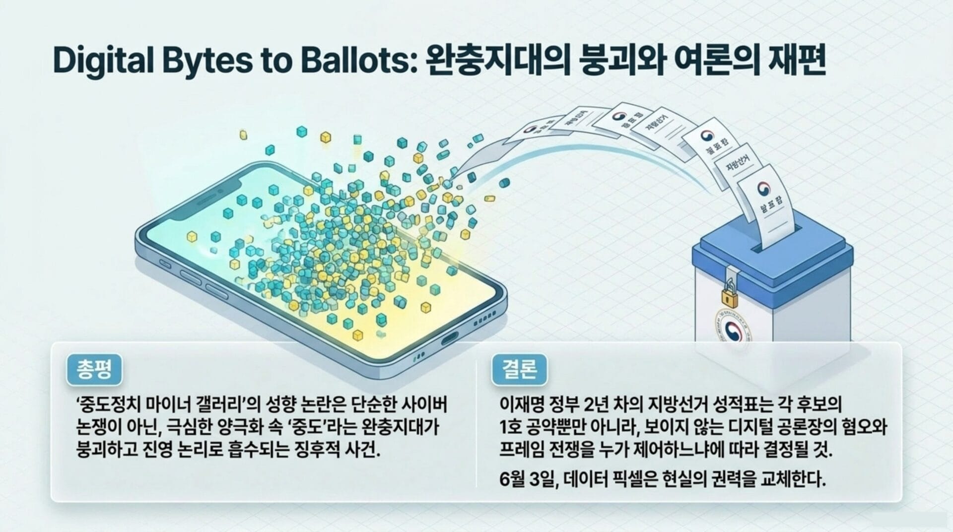 디지털 투표 방식과 관련된 이미지로, 스마트폰에서 데이터가 흘러나와 투표함으로 이동하는 장면을 보여줍니다. 이 이미지는 완전한 디지털 투표 시스템의 중요성과 관련된 논의 및 결론을 강조합니다.