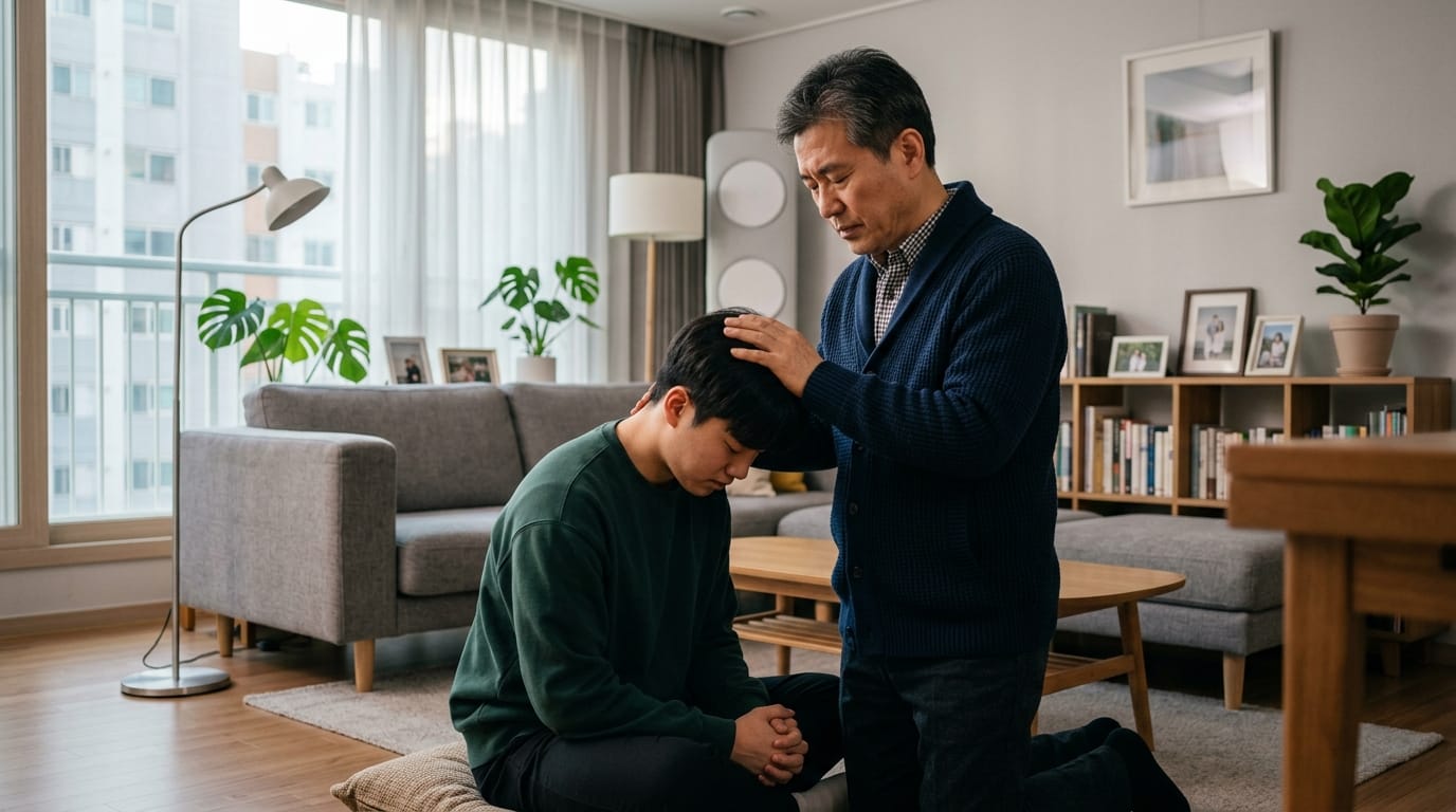 부모가 자녀에게 기도하는 모습, 아버지가 아들의 머리에 손을 얹고 있으며, 아들은 무릎을 꿇고 깊은 생각에 잠겨 있다. 현대적인 거실 배경과 따뜻한 분위기가 느껴지는 장면.