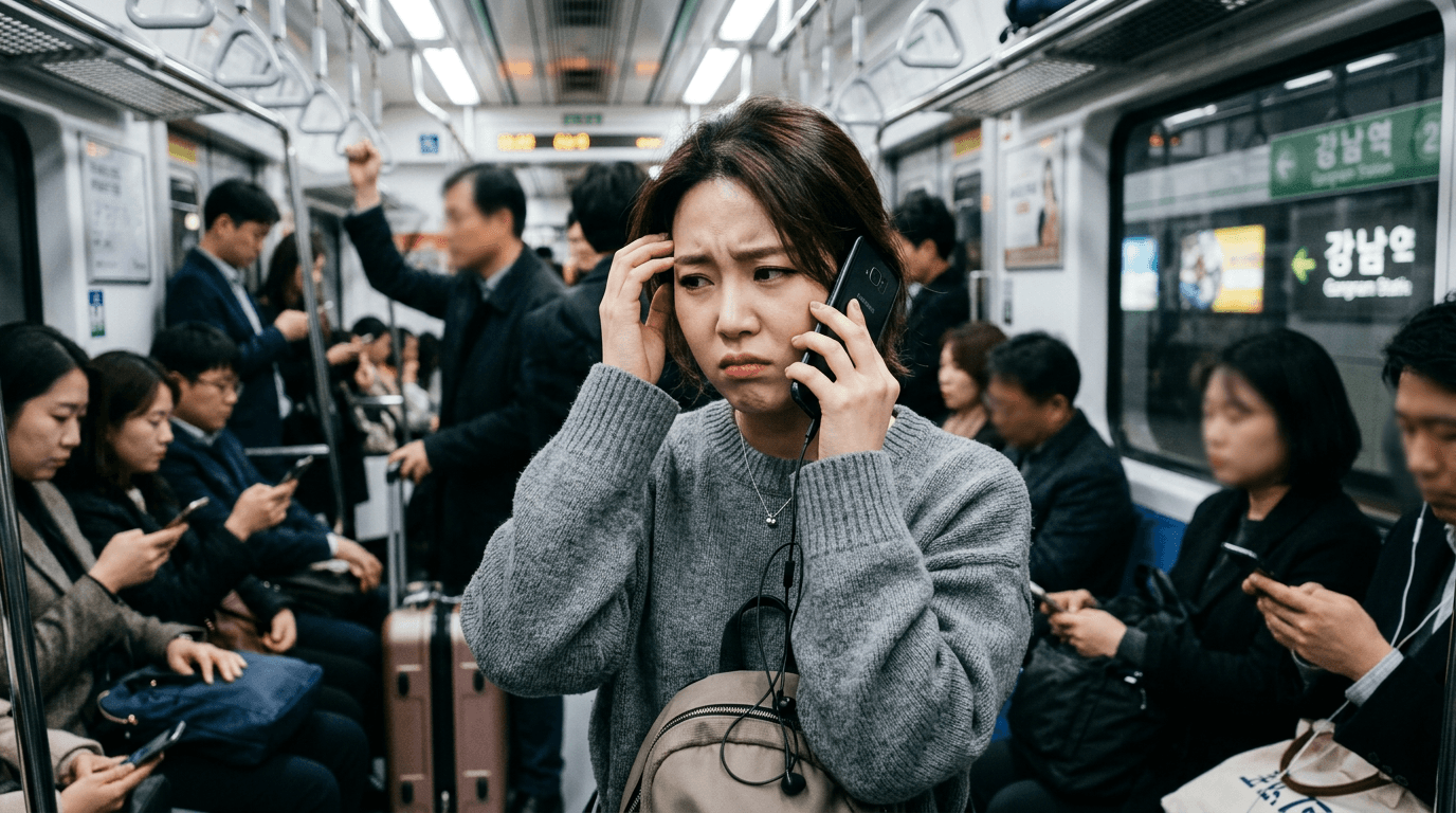 지하철에서 통화 중인 여성, 스트레스를 받으며 고민하는 표정. 주변 사람들은 스마트폰을 사용하며 일상적인 통근 모습.
