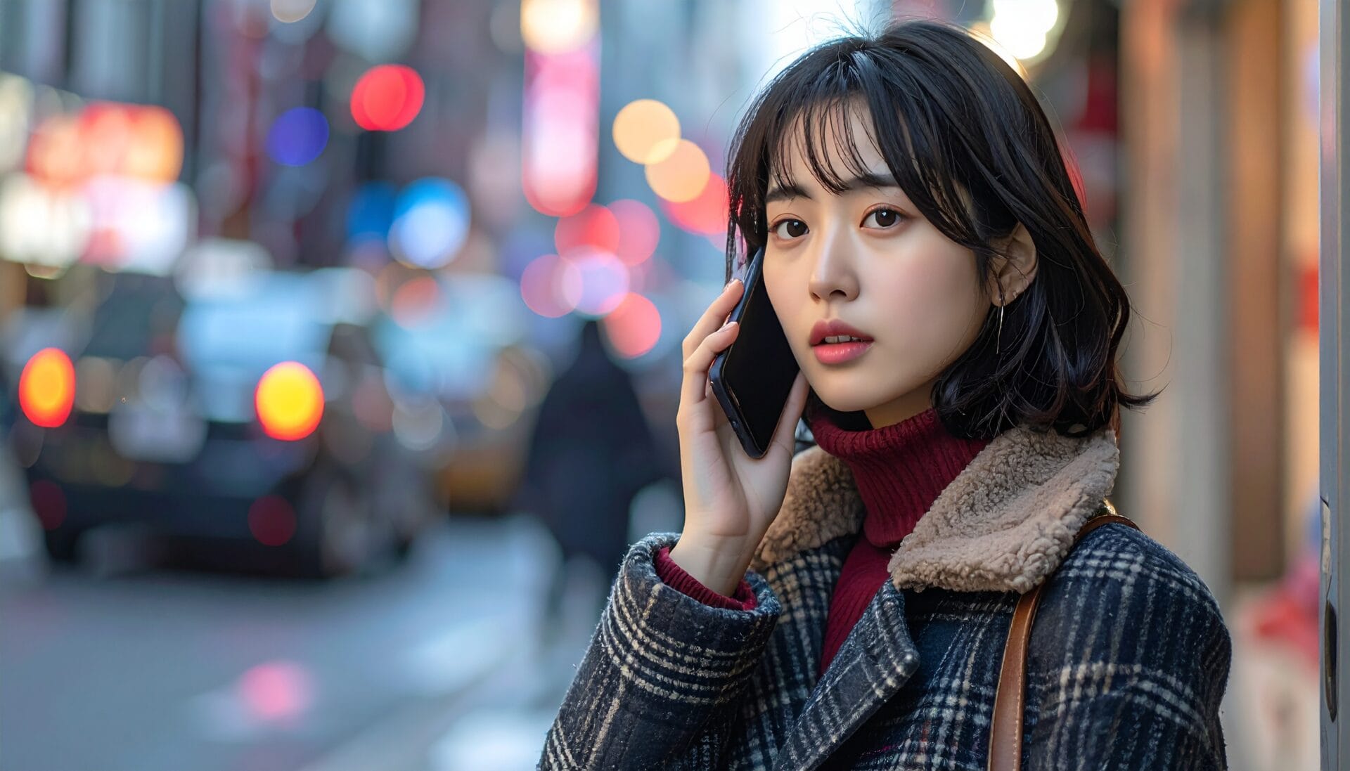 도시 거리에서 스마트폰으로 통화 중인 여성의 초상, 흐릿한 배경의 자동차와 네온 조명이 어우러진 장면.