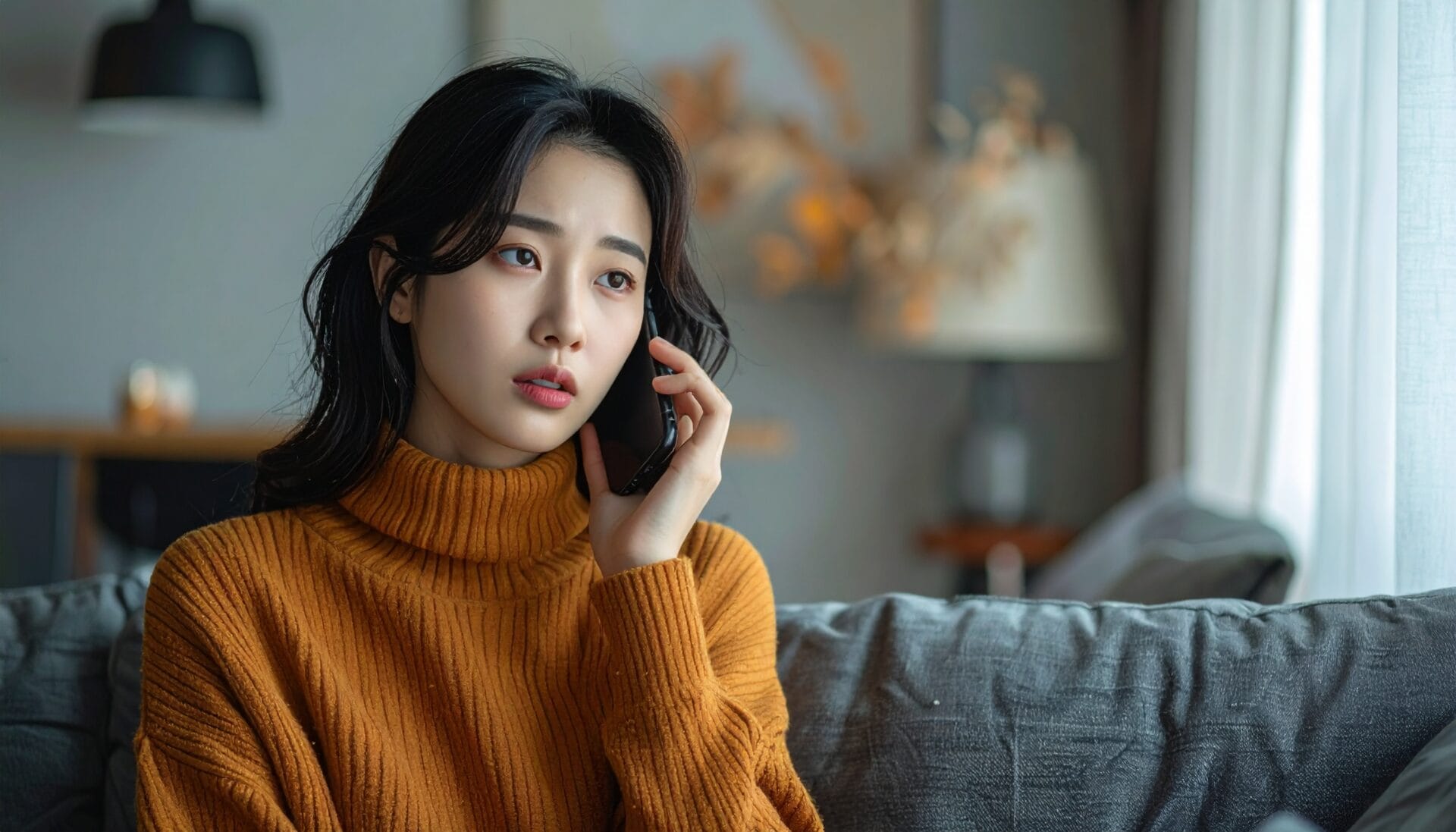 전화 통화를 하며 생각에 잠긴 여성의 모습, 주황색 스웨터를 입고 편안한 소파에 앉아 있는 장면. 배경에는 부드러운 조명이 있는 현대적인 인테리어가 보인다.