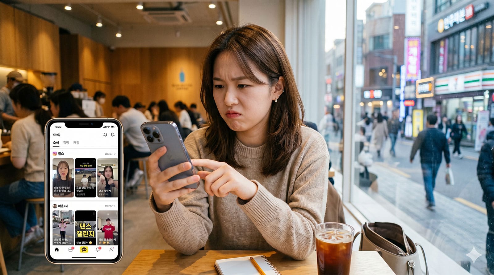 카페에서 스마트폰을 들고 있는 여성, 화면을 집중해서 바라보며 불만스러운 표정을 짓고 있음. 배경에는 사람들이 있는 거리와 카페 내부 모습이 보임.