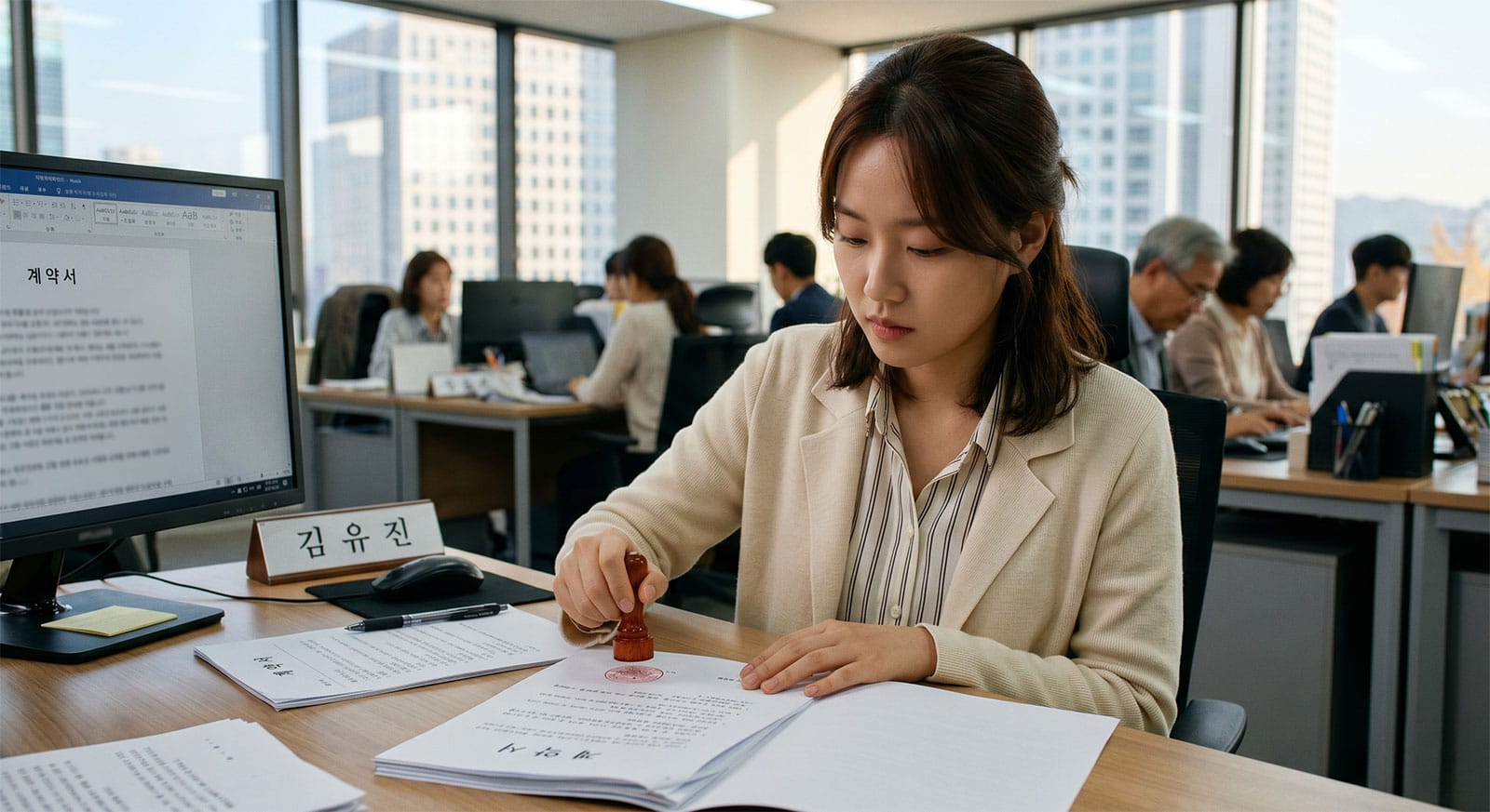 사무실에서 계약서를 검토하고 도장을 찍고 있는 여성 직원의 모습, 배경에는 다른 직원들이 일하는 모습이 보인다. 컴퓨터 화면에는 계약서 문서가 표시되어 있다.
