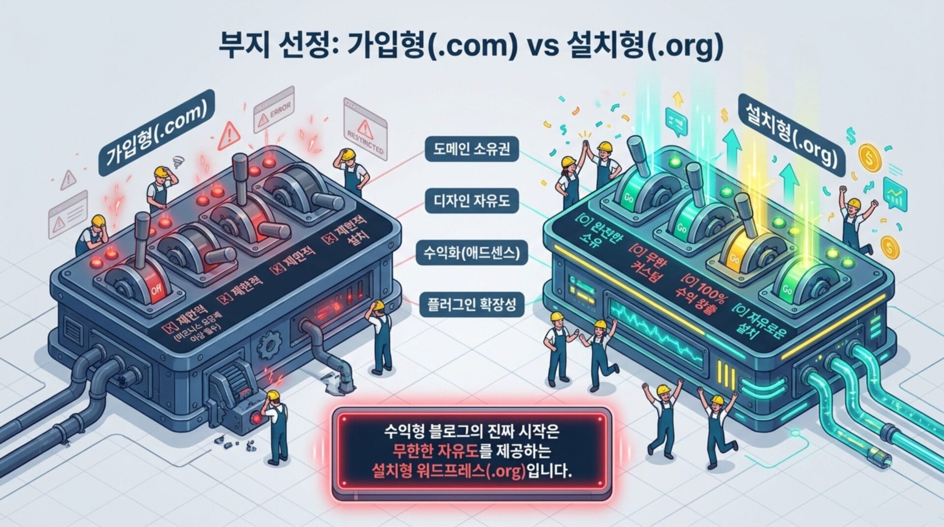 부지 선택: 가입형(.com)과 설치형(.org)의 비교. 가입형은 제한된 디자인과 수익화 옵션을 제공하며, 설치형은 디자인 자유도와 100% 수익 공유를 강조합니다. 각 옵션의 장단점을 시각적으로 설명하는 일러스트.