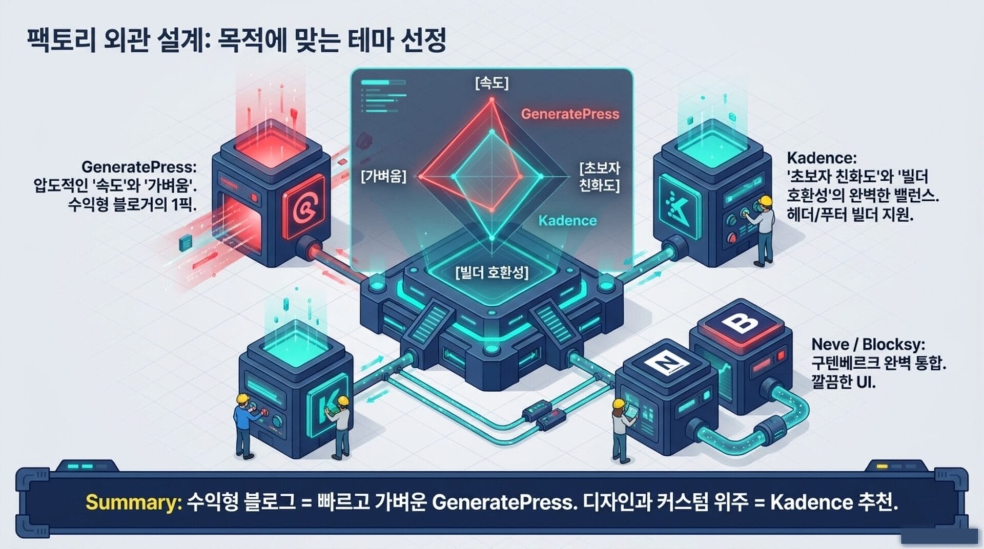 팩토리 외관 설계 이미지로, GeneratePress와 Kadence 테마의 특징을 비교하고 있습니다. GeneratePress는 속도와 가벼움을 강조하며, Kadence는 사용자 친화성과 빌더 호환성을 갖추고 있습니다. Neve와 Blocksy는 구텐베르크 완벽 통합을 보여줍니다.