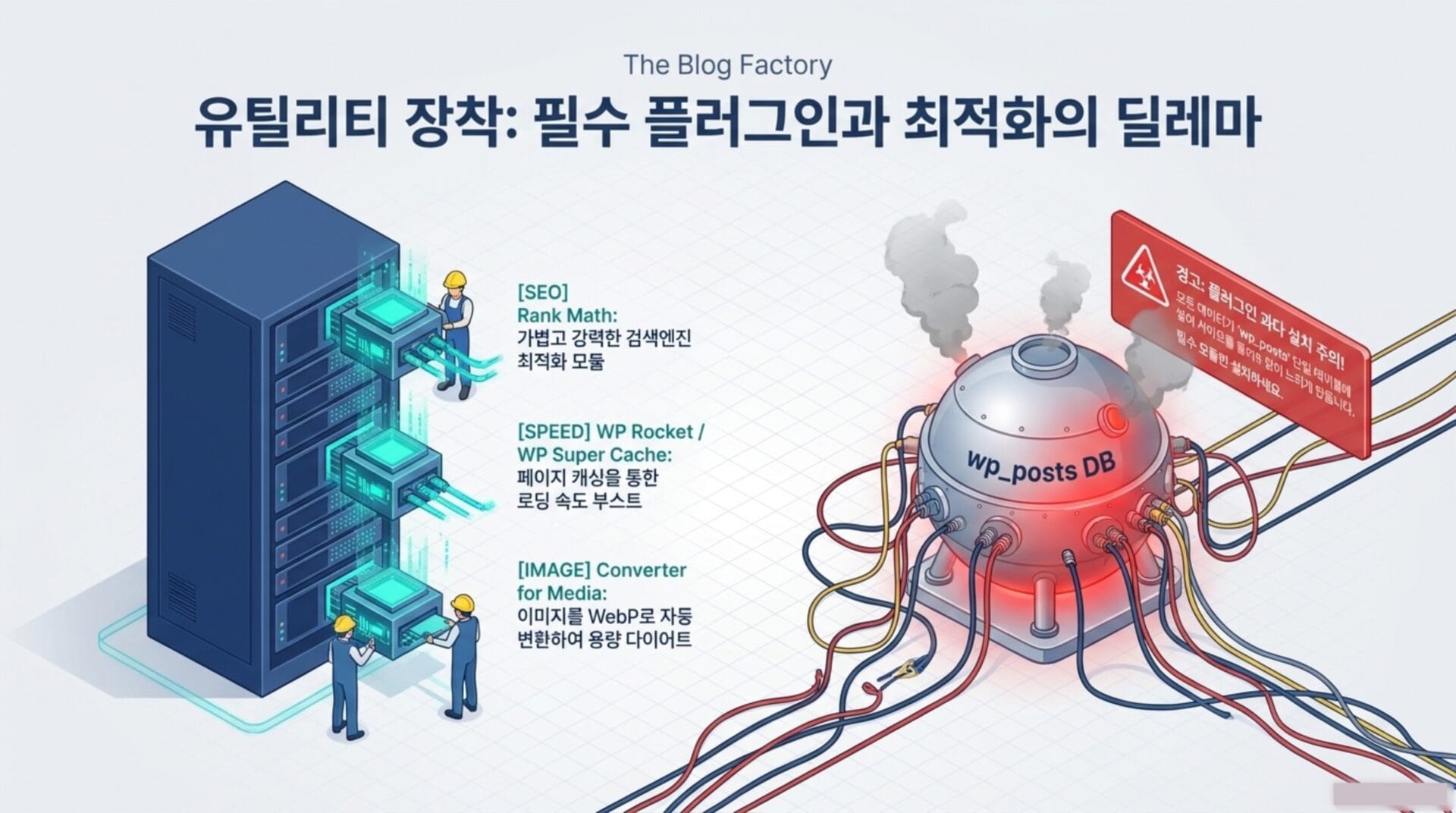 유틸리티 장착에 대한 설명 이미지로, SEO 최적화 도구인 Rank Math와 페이지 로딩 속도를 개선하는 WP Rocket 및 WP Super Cache, 이미지 변환 도구인 WebP에 대한 정보를 포함하고 있습니다. 데이터베이스 경고 메시지를 포함하여 사이트의 최적화와 관련된 주의사항을 강조합니다.