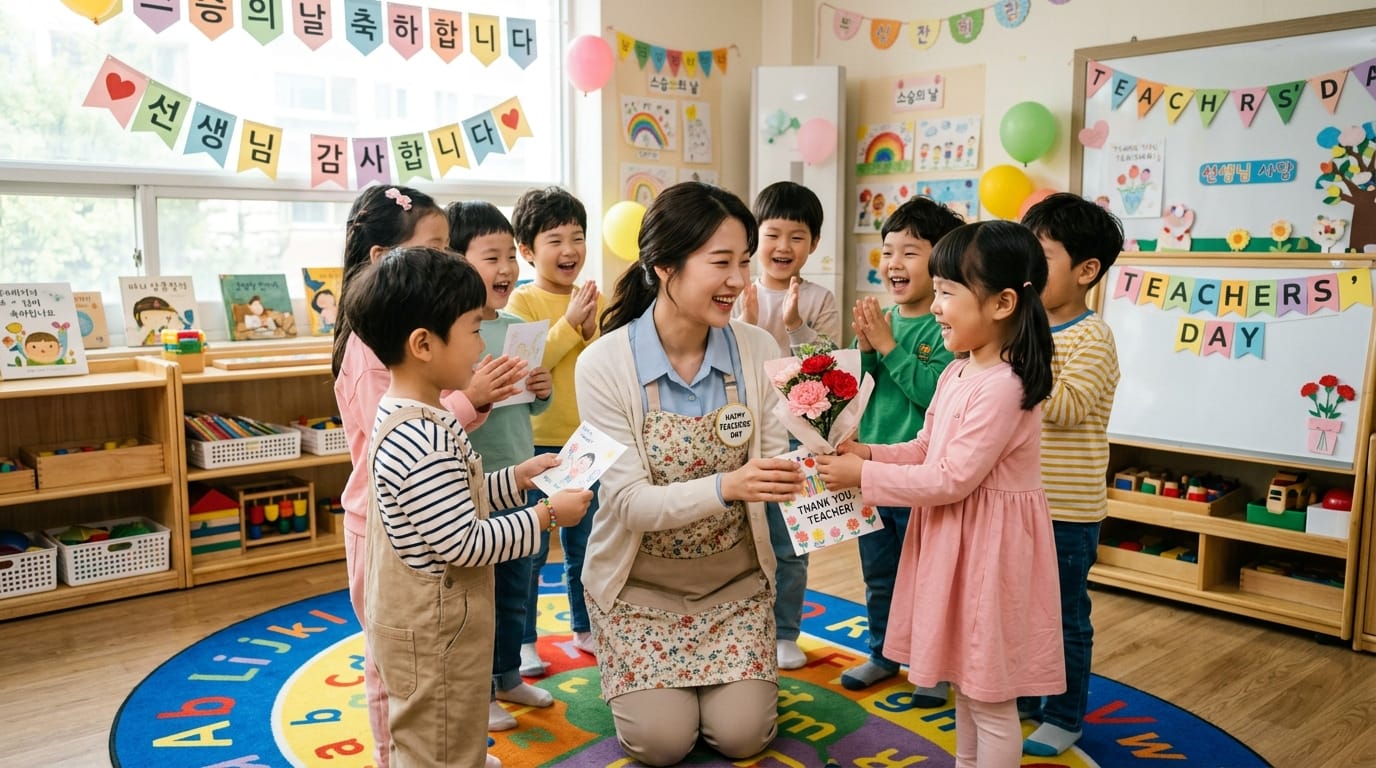 교실에서 아이들이 선생님에게 꽃다발과 감사 카드를 주며 기념일을 축하하는 모습. 벽에는 '선생님 감사합니다'라는 배너와 다양한 장식이 걸려 있다.