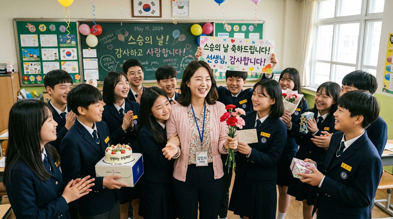 교실에서 학생들이 선생님을 축하하며 꽃과 케이크를 들고 있는 모습, 2024년 스승의 날 기념 행사.