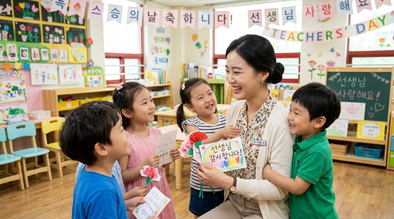 교실에서 선생님과 함께 있는 아이들, 감사의 카드와 꽃을 들고 있는 모습. 벽에는 다양한 학습 자료와 '선생님 사랑해요'라는 문구가 적힌 현수막이 걸려 있음.