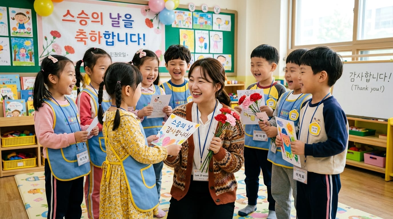 아이들이 교사와 함께 '스승의 날'을 축하하며 꽃과 카드로 감사의 마음을 전하는 따뜻한 장면. 교실 배경에는 다양한 어린이 작품들이 전시되어 있어 교육적인 분위기를 강조.