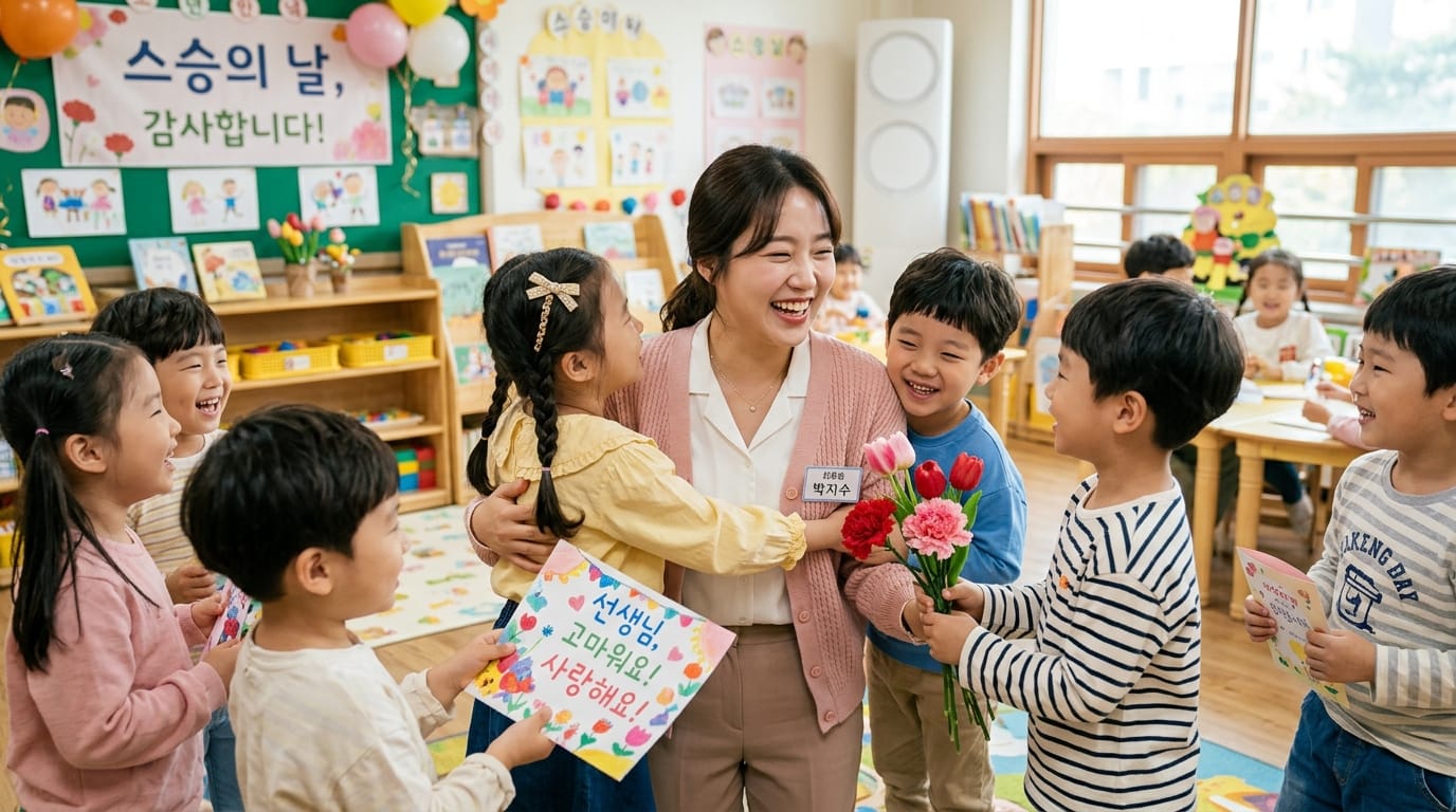 교실에서 선생님과 함께 기뻐하는 어린이들, 감사의 메시지가 적힌 카드와 꽃을 들고 있는 모습. 배경에는 '스승의 날, 감사합니다!'라는 현수막이 걸려 있음.