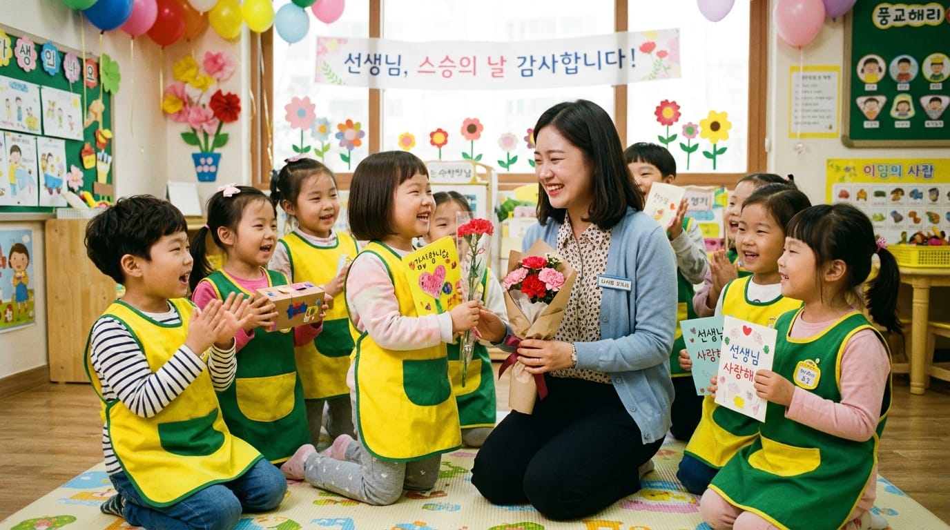 아이들과 선생님이 함께하는 감사의 날, 어린이집에서 즐거운 분위기 속에 꽃다발과 카드로 선생님께 감사 인사를 전하는 모습.