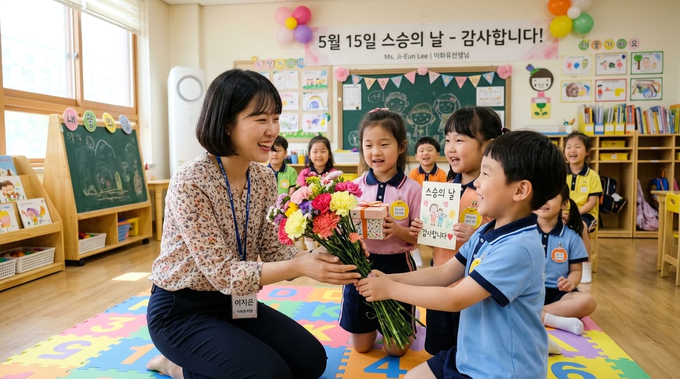 교실에서 학생들이 선생님에게 꽃다발과 선물을 전달하며 감사의 마음을 전하는 모습. 5월 15일 스승의 날을 기념하는 행사로, 어린이들이 즐거운 표정으로 참여하고 있다.