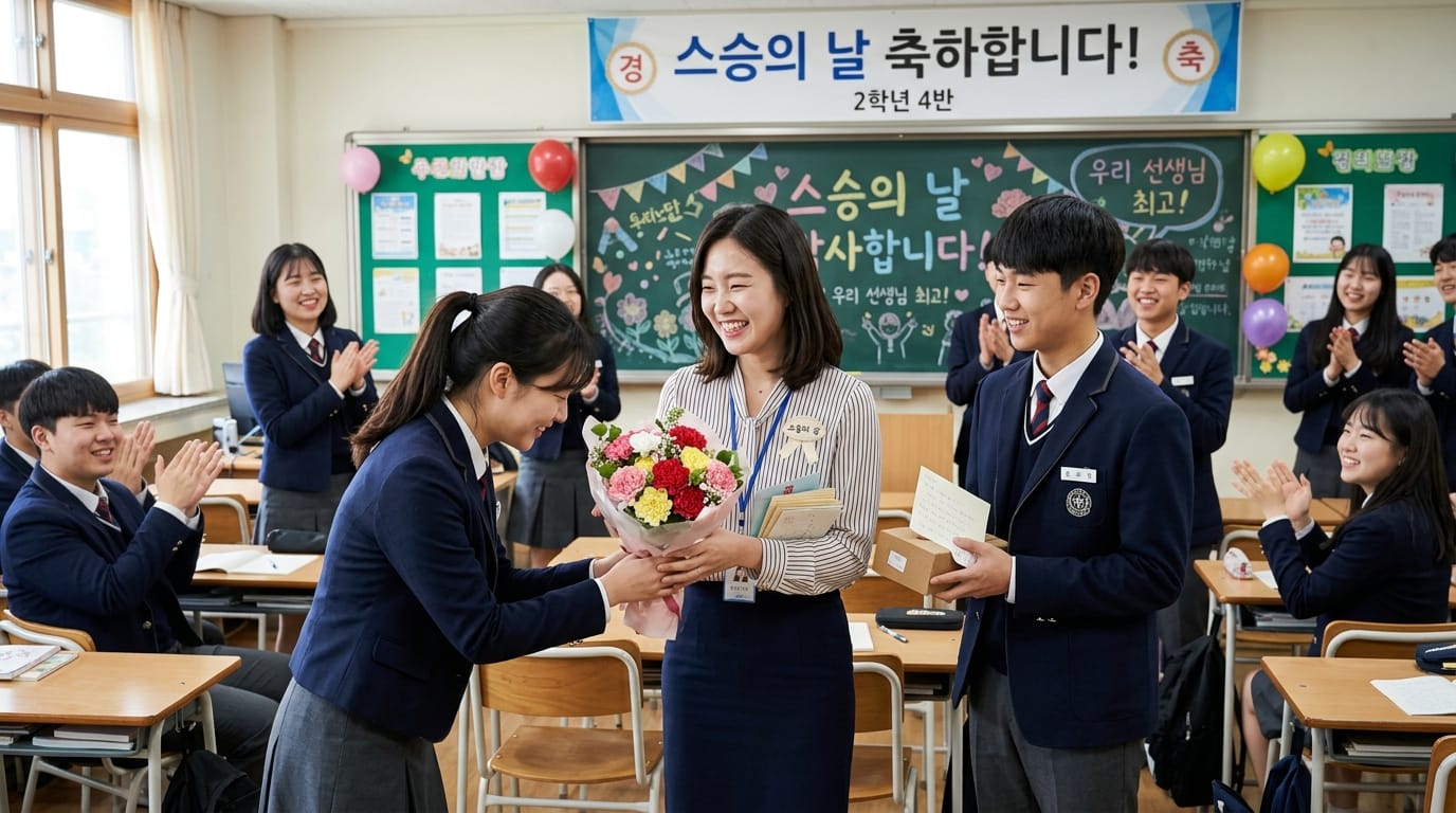 학생들이 교사에게 꽃다발과 선물을 전달하며 축하하는 모습. 교실에서 '스승의 날'을 기념하는 행사로, 학생들이 기뻐하며 박수를 치고 있다.