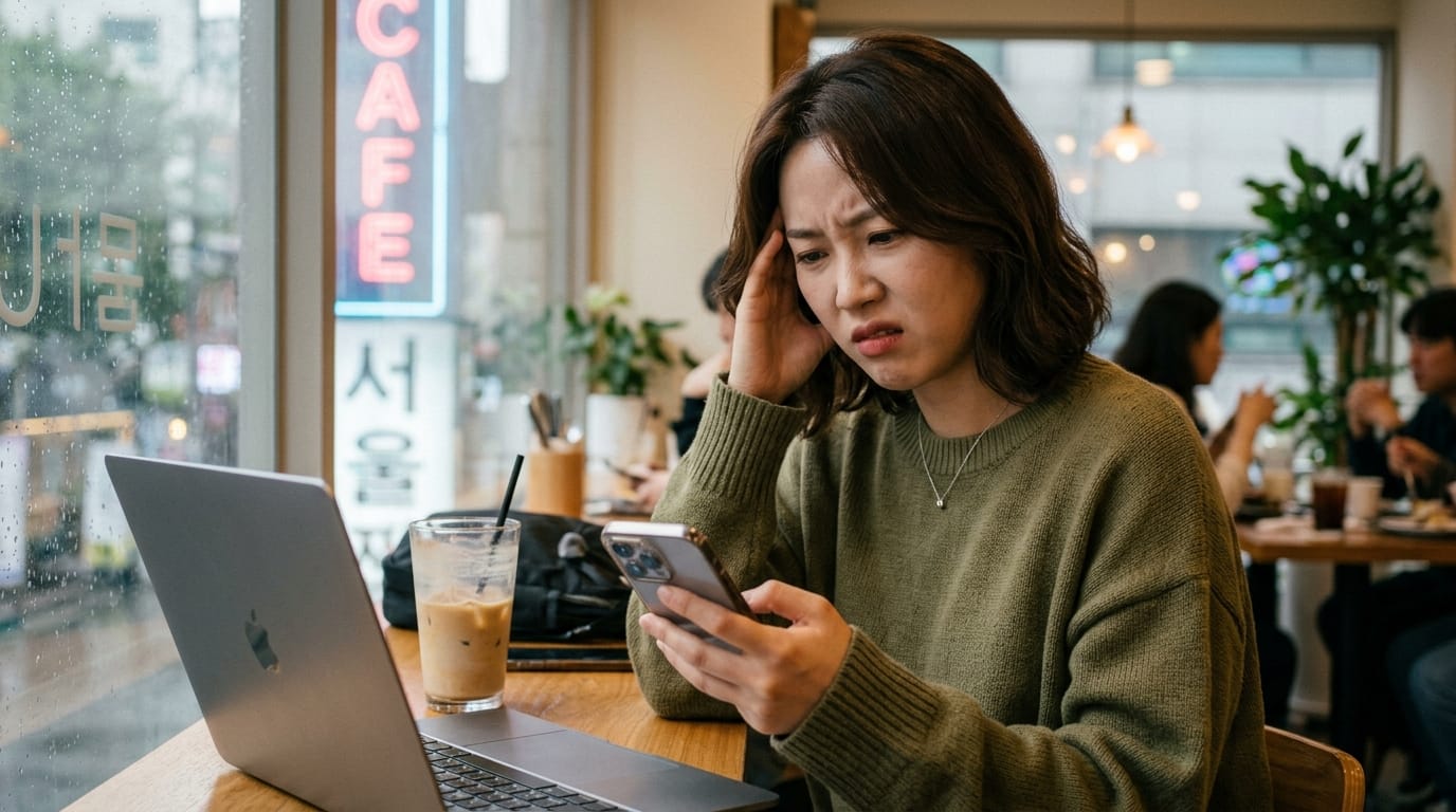 카페에서 스마트폰을 보고 고민하는 여성. 앞에 노트북과 아이스커피가 놓여 있으며, 창문에는 비가 내리고 있다. 배경에는 다른 손님들이 있는 모습이 보인다.
