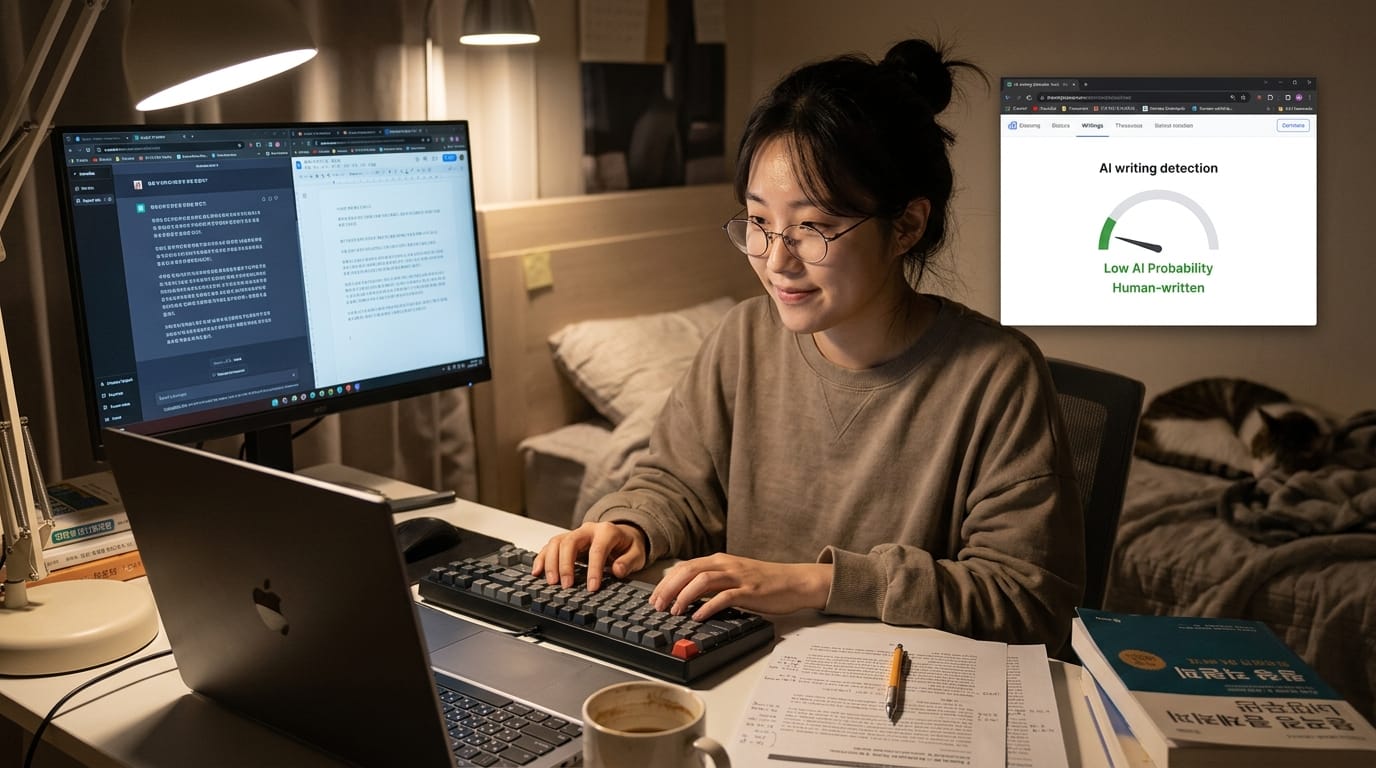 컴퓨터 앞에서 글을 작성하는 여성, 모니터에는 AI 글쓰기 탐지 결과가 표시되어 있음. 작업 공간에는 노트북, 서적, 커피 컵이 놓여 있음.