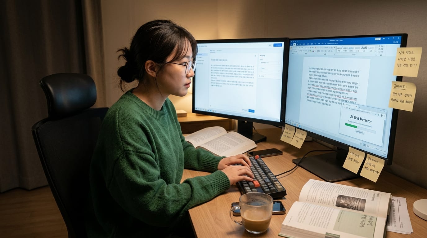 컴퓨터 앞에서 작업 중인 여성, 두 대의 모니터에서 문서 작성과 AI 텍스트 감지 작업을 수행하며, 책과 커피가 있는 책상 모습.