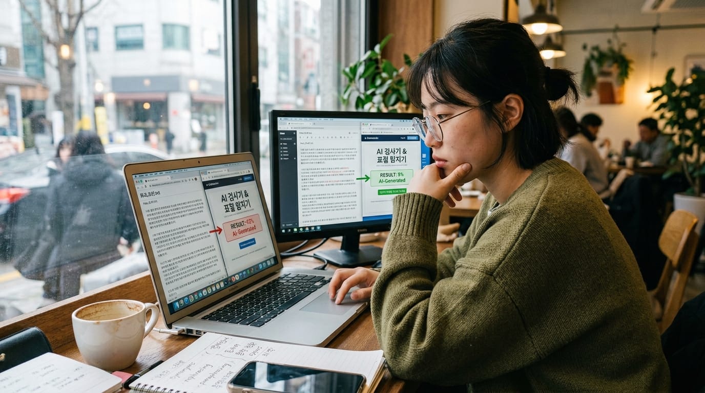 카페에서 두 대의 컴퓨터를 사용하여 AI 검색기와 결과 분석 작업을 수행하는 여성의 모습. 한쪽 화면에는 AI 생성 결과가 표시되고, 다른 화면에는 문서 작성 중인 모습이 보임. 테이블 위에는 커피 컵과 메모지가 놓여 있음.