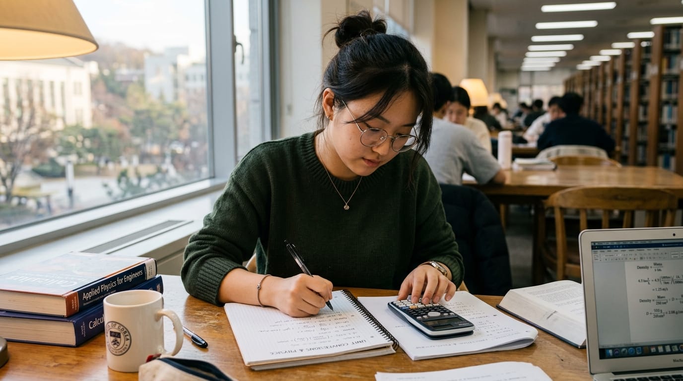 도서관에서 공부하는 학생, 계산기를 사용하며 노트에 필기 중. 배경에는 다른 학생들이 보이고, 책과 커피 컵이 있는 책상.