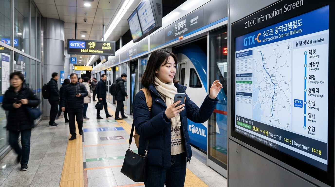 GTX-C 노선이 있는 지하철역에서 스마트폰을 사용하는 여성과 승객들이 보이는 모습. 정보 화면에는 다음 열차 시간과 노선도가 표시되어 있으며, 승객들이 이동하는 모습이 담겨있다.
