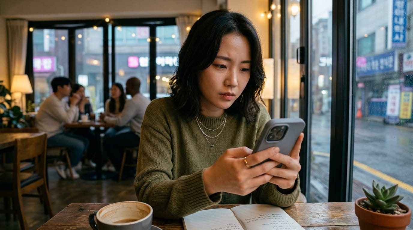 카페에서 스마트폰을 사용하는 여성의 모습, 배경에는 친구들과 대화하는 사람들, 창밖에는 비가 내리는 풍경이 보임. 테이블에는 커피와 노트가 놓여 있음.