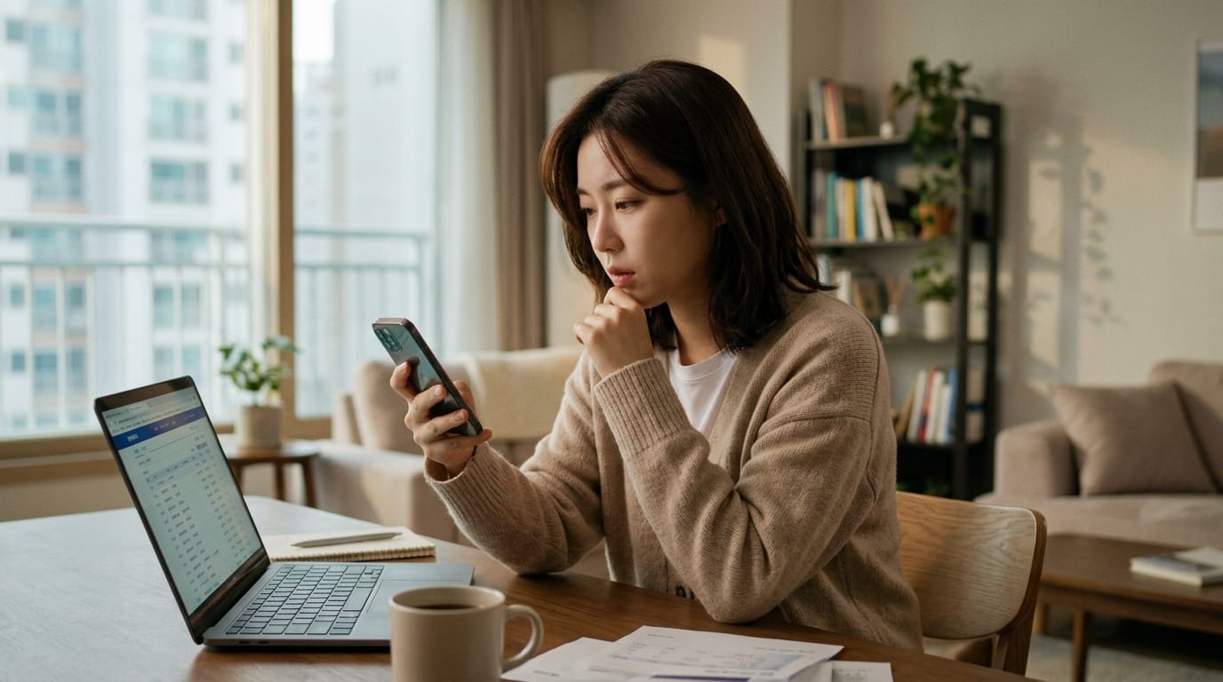 재택근무 중인 젊은 여성, 노트북과 스마트폰을 사용하며 집중하는 모습. 집안의 밝은 환경에서 커피 컵과 서류가 놓인 테이블에 앉아 있다.