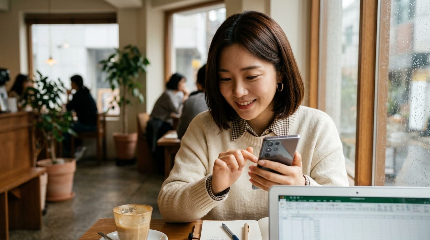 카페에서 스마트폰을 사용하며 미소 짓고 있는 여성의 모습. 테이블 위에는 커피와 노트북, 필기구가 놓여 있으며, 창가에 앉아 주변의 사람들과 식물을 배경으로 하고 있음.