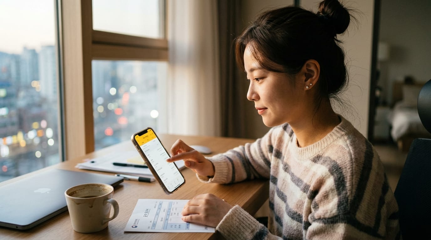 집에서 스마트폰을 사용하며 일하는 여성, 커피잔과 노트가 있는 책상에서 집중하는 모습. 창 밖으로 도시 풍경이 보임.