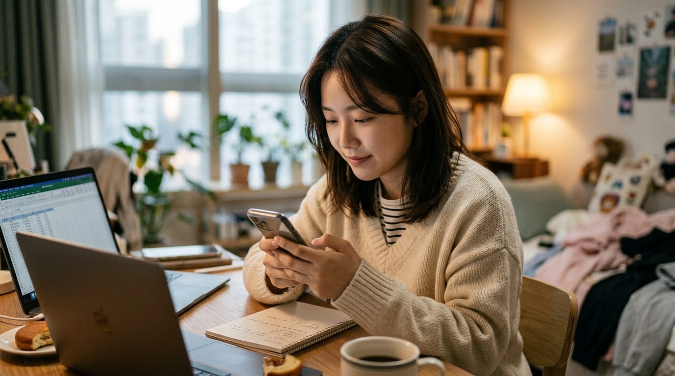 집에서 작업 중인 젊은 여성, 스마트폰을 사용하며 노트북 옆에 앉아 있음. 책장이 보이고, 식물이 있는 아늑한 환경. 커피와 다과가 놓인 책상.