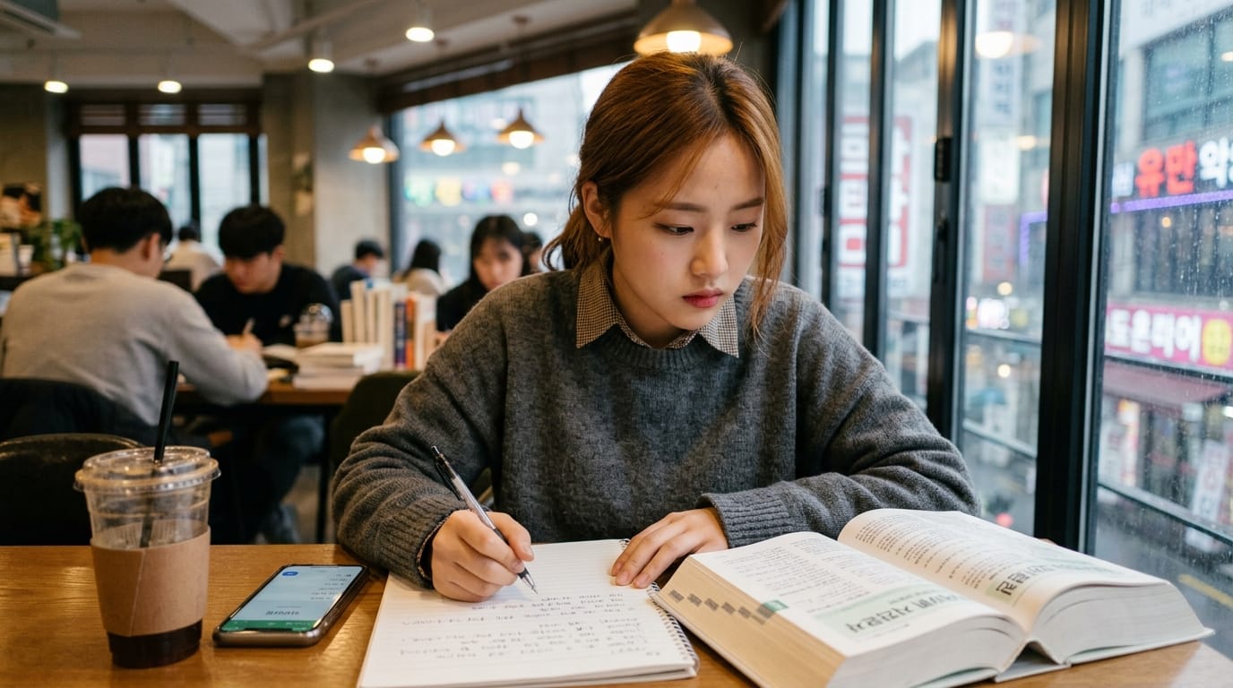 카페에서 공부하는 여성, 노트에 필기하며 교재를 참고하는 모습. 배경에는 다른 학생들이 책을 읽고 있는 모습이 보임.